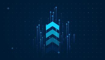 A dynamic blue arrow surges upward, symbolizing business growth, success, and positive market trends against a dark digital grid background. vector