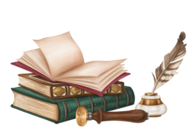 A vintage composition of old ornate hardcover books in a stack, an open empty book, an inkwell with a pen and a wooden stamp. Ancient literature, study, writing, and history. Isolated illustration png