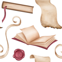 Seamless pattern with hardcover books, parchments, wax seals. An open empty diary, a notebook. Old schools, education, Victorian style, information and teaching, manuscripts and letters png