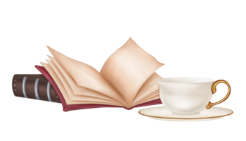 Vintage composition from an open empty book, a personal diary, a notebook and a tea cup. Ancient literature, study, teaching, writing, and history. Isolated illustration. png