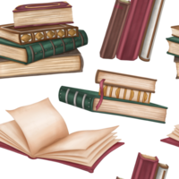 Seamless pattern with antique hardcover books decorated with metal and ornaments. Stacks of books, open empty diary, notebook. Old magic schools, education. Victorian style, information and education. png