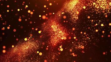 Digital orange and gold waves of particles with light moving background, abstract futuristic wavy background with flying glitter and dust particles. Seamless loop animation. video