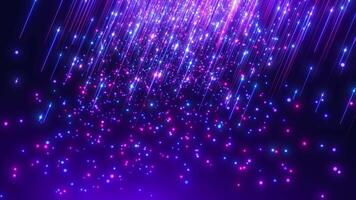 Animation of sparkling dust particles and light lines of particles moving upwards. Bright neon rays. movement of a stream of glowing bright lines of particles. Seamless loop video