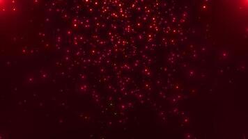Dark red abstract background with falling flying particles and dots of light creating beautiful bokeh. Seamless looping 4k. video