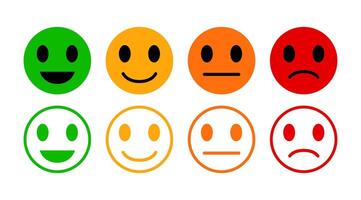 Emoji Faces icons Set, Collection of Colorful, Solid, and Outline Emoticons Expressing Various Emotions for UI, Chat, and Mood Tracker Design vector