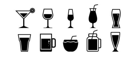 Black Drink and Beverage icon set, Cocktail and Alcohol graphic elements Clip art, Bar and Bistro menu illustration in minimal style. vector