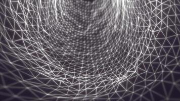 Monochrome digital mesh tunnel with glowing white triangle wireframes forming a dynamic data grid structure video
