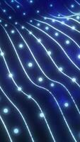 Abstract glowing blue grid with light nodes flowing in wave-like formation on a dark background video