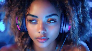 A woman with headphones on in front of a computer screen video
