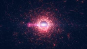 Bright red and pink digital vortex with wireframe and energy lines converging at a glowing center with lens flare video