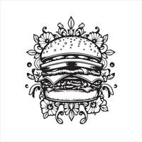 Hamburger with flowers and leaves illustration vector