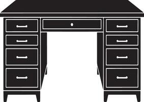 Black and white illustration of a large wooden desk with multiple drawers vector