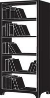 Black and white silhouette of a five shelf bookcase filled with books vector