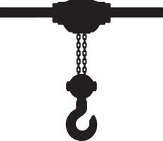 Black silhouette of a chain hoist with hook and pulley system vector
