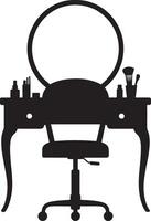 Black silhouette of a vanity set with a round mirror and swivel chair vector