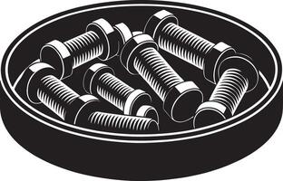 A black and white illustration of bolts in a round container vector