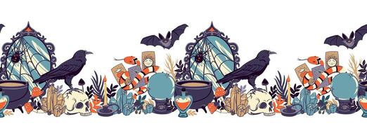 Seamless horizontal pattern with occult objects. Witchcraft, astrological, esoteric, magic symbols. border with mirror, cauldron, skull, potion, raven, snake, crystal, fortune-telling ball. vector