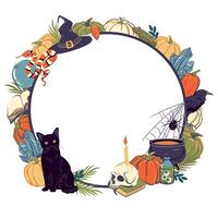 Frame with magic items, Halloween decoration. Round template with witchcraft and witchcraft items, cauldron, grimoire, potion, elixir, skull, magic ball, cat, snake, owl, toad, spider. . vector