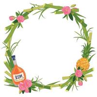 round frame with bottle of rum, pineapple and flowers. Template with place for text for tropical vacation. Illustration for beach bar menu. Cruise vacation, summer holidays, party. vector