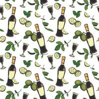 Bottle of Italian liqueur Nocino, glass with aperitif. seamless pattern in color engraving technique. Unripe walnut seeds whole and halves, leaves. Linear sketch in ink. vector
