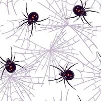 Spider black widow Latrodectus occidentalis hangs on the web. seamless pattern with black spider in flat style. Dangerous poisonous insect. Halloween background. vector