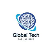 global tech data bit hexagonal shapes technology logo design for business startup vector