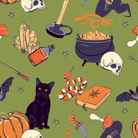 Halloween pattern with cats and skulls vector