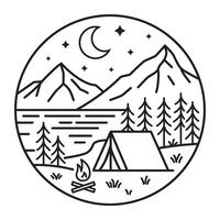 Camping night landscape line art with mountains tent forest and moon outline illustration in circle badge style for adventure and nature lovers Fully editable Fully manually created EPS Pro vector