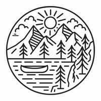 Line drawing of mountain lake scene with sun pine trees and canoe clean minimal nature artwork for hiking travel camping forest and outdoor lifestyle badge or graphic design projects EPS Pro vector