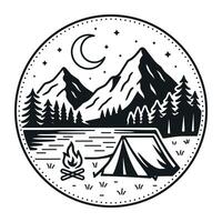 Modern mountain camping scene line art illustration with moon lake and tent in forest landscape for travel and adventure designs Fully editable Fully manually created EPS Pro vector