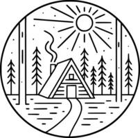 Modern forest line art illustration in black and white featuring an A-frame house in pine trees with circular border design perfect for wall art posters t-shirts branding and digital products vector