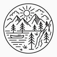 Minimal mountain and lake scene with canoe trees and sun in line art style circular design for outdoor nature camping hiking and travel themes perfect for print and digital use EPS Pro vector