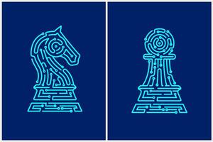 concept of business technology strategy, graphic of chess piece knight and pawn combined with electronic pattern vector