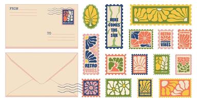 Botanical Postage Set. Postmarks and Envelopes with Sun and Wavy Nature Abstract Shapes vector