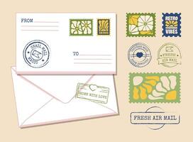 Envelope Mockup with Retro Postmarks and Postal Badges. Mail Art vector