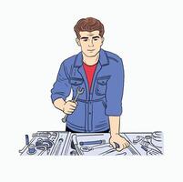 Mechanic at Work. Workshop Tools and Technician. Skilled Handyman with Wrench. Cartoon Style Illustration vector