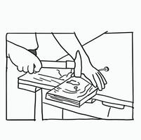 black and white line. People are nailing the table with a hammer. Cartoon Style Illustration vector