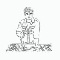 black and white line. Mechanic at Work. Workshop Tools and Technician. Skilled Handyman with Wrench. Cartoon Style Illustration vector