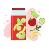 Flat illustration of fruit juice, and beverage containers with colorful labels. Summer cold and soft drinks. vector