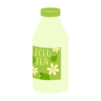 Flat illustrations of fruit juice and beverage containers with colorful labels. Summer cold and soft drink. vector