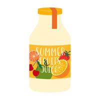 Colorful bottles and cans of various fruit drinks and beverages. Summer cold soft drinks and fruit juice vector