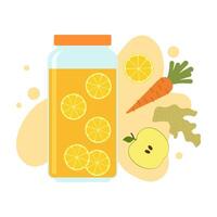 Flat illustrations of fruit juice and beverage container with colorful label. Summer cold and soft drinks. vector