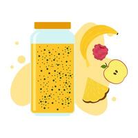 Flat illustrations of fruit juice and beverage containers with colorful labels. Summer cold and soft drink vector