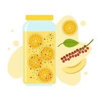 Flat illustrations of fruit juice and beverage containers with colorful labels. Summer cold and soft drinks vector
