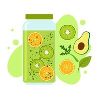 Flat illustration of fruit juice and beverage containers with colorful labels. Summer cold and soft drinks. vector