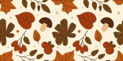Autumn seamless pattern with berries, mushrooms and colorful leaves. Perfect for fall print, fabric, textile, material and more. illustration vector