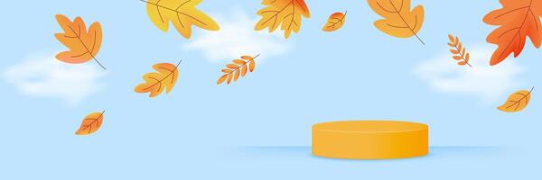 Horizontal autumn banner with yellow podium and swirling foliage on sky background. Great for web headers and fall promotions. illustration vector