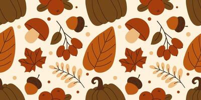 Autumn seamless pattern with berries, mushrooms, acorn, colorful leaves. Perfect for fall print, fabric, wrapping paper, wallpaper and more. illustration vector
