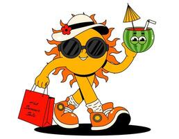 Retro groovy character sun. Funky walking sun in hat, sunglasses with cocktail and shopping bag. Isolated element for sale, promotion. Flat illustration on white background vector