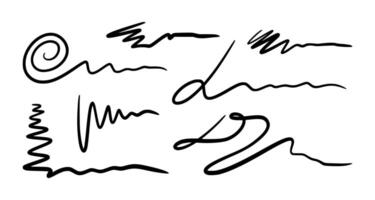 Set of abstract black hand-drawn lines and scribbles on white background. Doodle style design elements for highlights, text dividers, frames, or decorative purposes. Minimalist sketchy strokes vector